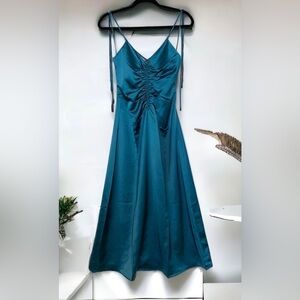Jason Wu Teal Turquoise Satin Tie Strap low black slip midi dress ruched XS